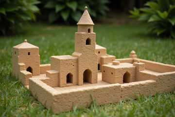 Miniature ancient structure model greenery stone facades tower