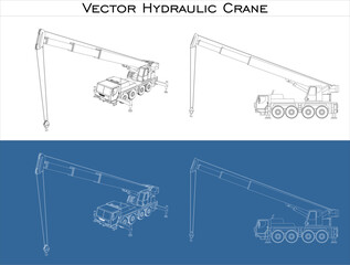 Set Hydraulic crane vector line draw blueprint wireframe from all view  front, side and back isolated in transparent background