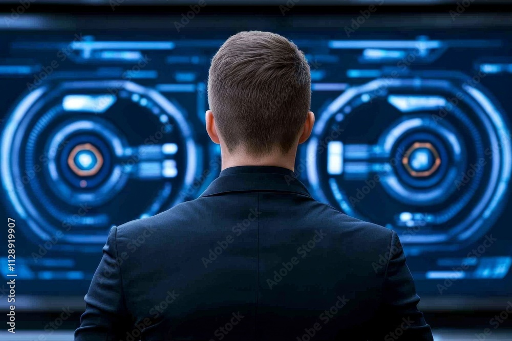 Poster A high-tech entrepreneur in a futuristic workspace with holographic screens showing business analytics and robotic assistants