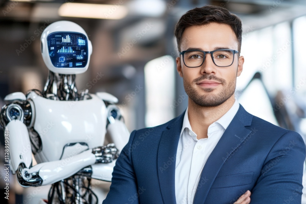 Aufkleber a high-tech entrepreneur in a futuristic workspace with holographic screens showing business analyti