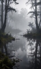 Dense fog blankets a shadowy swamp, creating a moody and atmospheric scene,  wilderness,  misty,  isolated