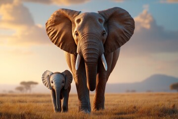 Obraz premium A serene image of an elephant calf walking beside its mother in a vast grassland, showcasing their strong bond