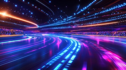 Colorful neon lights illuminate a lively skating rink. Generative AI