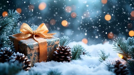 Luxurious Christmas gift box adorned with golden ribbon sits&nbsp;in snowy scene, surrounded by pine&nbsp;cones and warm fairy&nbsp;lights, creating magical winter atmosphere with&nbsp;dreamy bokeh effects.