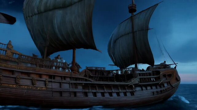 Carrack with black sails glides across a calm sea during sunset. Sailors work diligently on the deck, creating a scene of maritime history and adventure