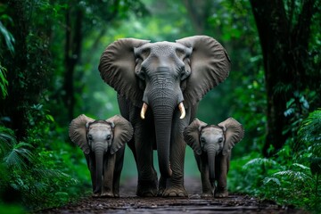 A serene photo of an elephant family walking peacefully through a jungle path, surrounded by dense greenery