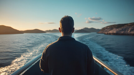 Fototapeta premium Man on Ferry Deck Immersed in Island View, Reflecting on the Serenity of Nature