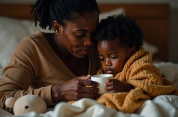 dark skinned mother with a mug takes care of her little sick son