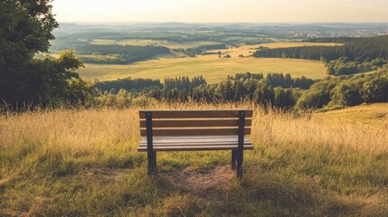 Fototapeta premium Scenic Mountain View with an Empty Wooden Bench on a Hilltop