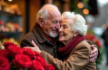 Senior couple with a red roses 