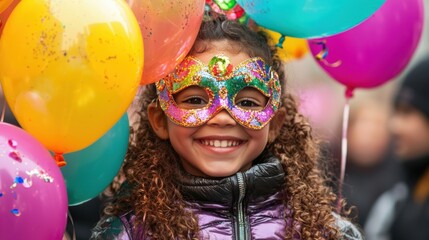 Girl Celebrates with Colorful Balloons and Confetti at Festive Party