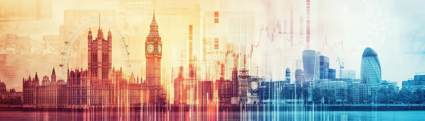 A vibrant cityscape of London showcasing iconic landmarks, blending digital elements and warm colors, symbolizing the fusion of historical architecture and modern innovation.