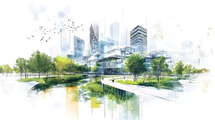 A conceptual design of regenerative design principles, highlighting systems that restore and replenish natural resources, integrated into a modern urban environment