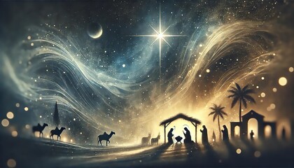 Naklejka premium abstract, out-of-focus nativity scene. The baby Jesus lies in a manger, surrounded by a starry night sky and a snowy landscape.