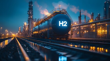 Fototapeta premium Industrial hydrogen facility&nbsp;showcases metallic blue storage&nbsp;tank with H2&nbsp;symbol against twilight refinery backdrop, highlighting&nbsp;clean energy infrastructure amid industrial setting.