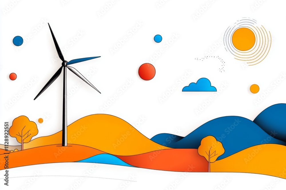 Poster a minimalist line drawing of a single wind turbine, paired with abstract circular patterns represent