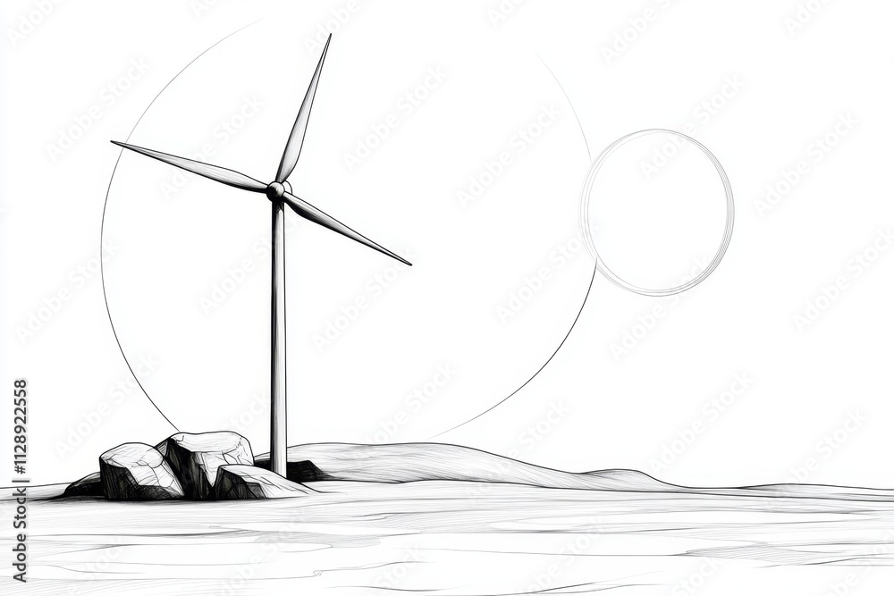 Aufkleber A minimalist line drawing of a single wind turbine, paired with abstract circular patterns representing wind currents, on a white background