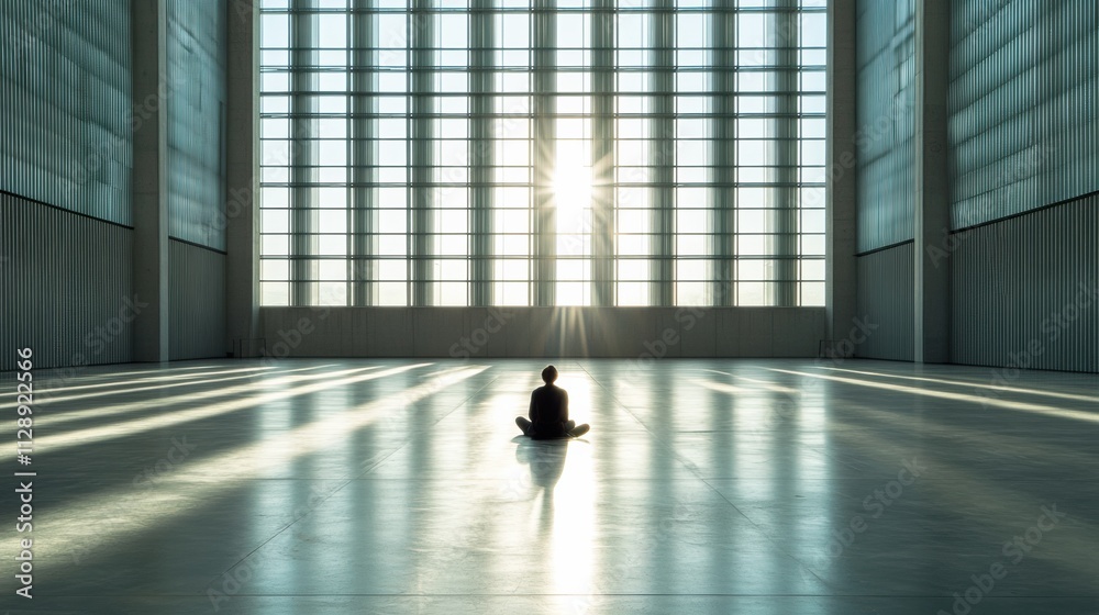 Leinwandbilder a person sits cross-legged on the polished floor of a spacious gallery, basking in warm sunlight fil