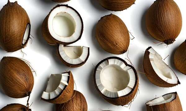 Set or collection of fresh ripe whole and half coconut isolated on white background.
