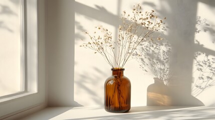 Fototapeta premium Artistically arranged brown glass vases and dried botanicals create zen-like&nbsp;still life, with natural&nbsp;window light casting subtle shadows across&nbsp;minimalist composition in&nbsp;Scandinavian style.