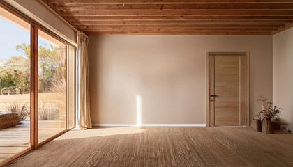 Empty Beige Wall Mockup in Farmhouse Interior with Sliding Door and a Wall Decor. Natural Daylight From a Window. Promotion Background.