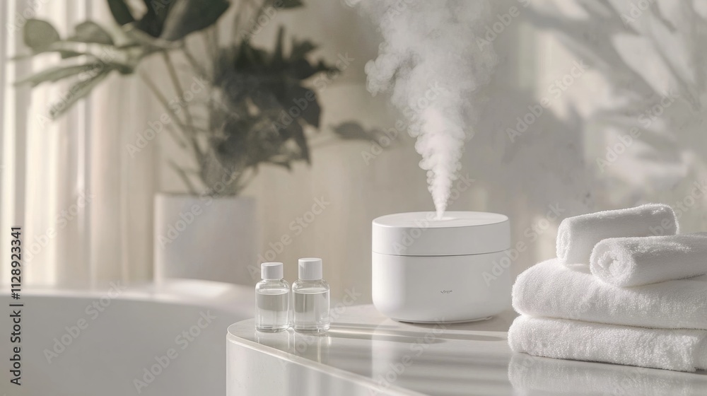 Poster A calming environment features an elegant diffuser releasing a gentle mist amidst soft towels and small glass bottles.