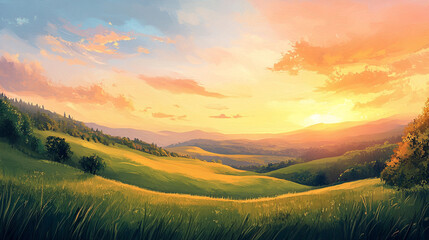 Fototapeta premium A Serene Landscape with Rolling Hills and a Vibrant Sunset