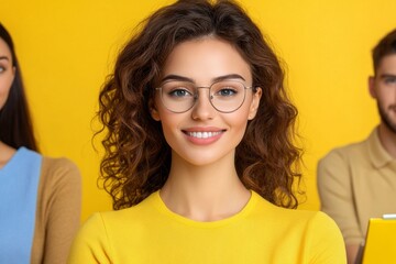 A vibrant image of a team of employees attending a webinar, with focused expressions and notebooks open