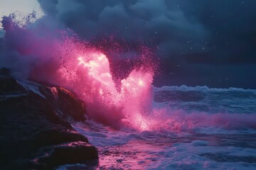 Fototapeta premium A dramatic ocean scene with vibrant waves crashing against rocks under a twilight sky.