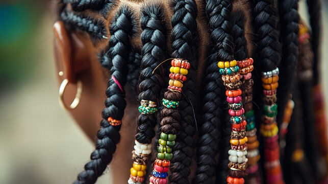 A detailed capture of hair braided into cornrows decorated with colorful beads.