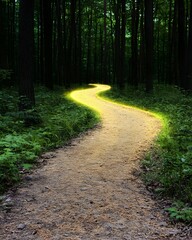 Obraz premium Illuminated winding path through a serene forest