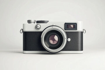 A vintage film camera with a sleek black body and silver accents sits on a white background. The minimalist setting highlights its timeless design and nostalgic appeal for photography enthusiast.