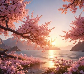 Warm golden light softly falls upon a sea of delicate pink blossoms swaying gently in the breeze, floral, landscape