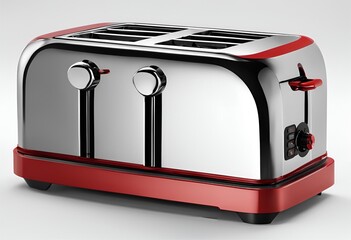 A sleek modern red toaster featuring bold black accents, stylishly isolated on a white background, perfect for contemporary kitchen decor.