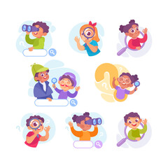 Search with Boy and Girl with Browser Field and Magnifier Vector Illustration Set