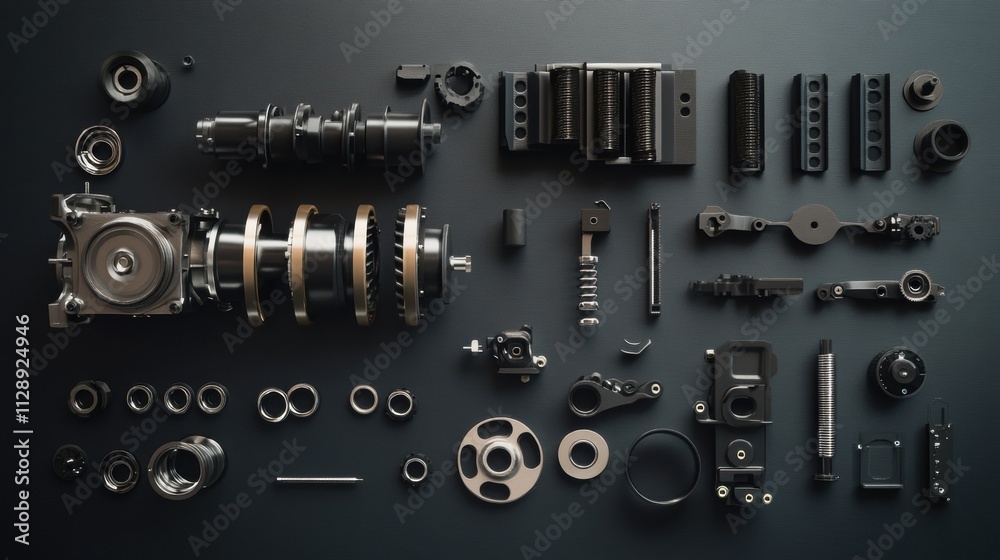 Poster various car engine components like pistons, gears, and valves are organized neatly on a dark surface