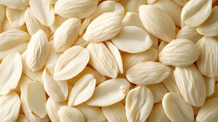 Natural food composition displays blanched almonds in macro detail, highlighting organic textures and patterns of nutritious ingredients with professional styling and soft illumination.