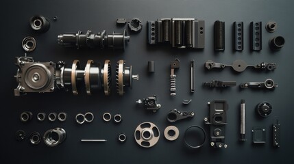 Various car engine components like pistons, gears, and valves are organized neatly on a dark surface, leaving space for text. Generative AI