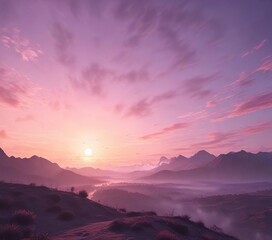 Fototapeta premium Soft pastel colors dominate the sky as a large sun rises high in the morning with hues of pink and purple, beautiful, rays, morning