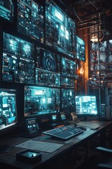 Advanced control room featuring multiple high-tech security monitors