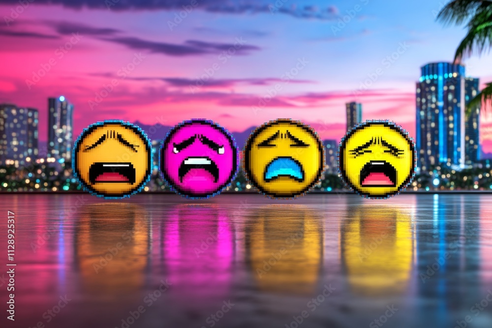 Poster a pixel art depiction of emotions with small animated faces displaying happiness, sadness, and anger