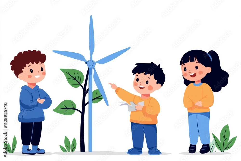 Poster A playful flat 2D design showing children building a small model wind turbine as part of an educational project, isolated on white