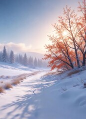 Obraz premium Serene winter landscape with snowflakes gently falling on a vast white expanse , soft focus, vast white space