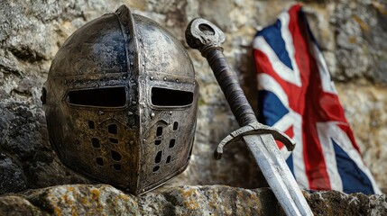 Armored Knight s Shield and Flag of United Kingdom on Grungy Stone Background