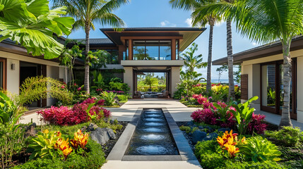 Fototapeta premium Rio de Janeiro tropical garden with palm trees and vibrant orchids, exotic Brazilian retreat