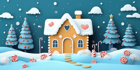 Festive Gingerbread House, Whimsical Winter banner with Snow and Decorations, Cozy Entrance