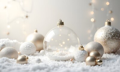 Shiny Christmas balls and decorations on snow with festive ornaments in gold, silver for a joyful holiday season, Generative AI