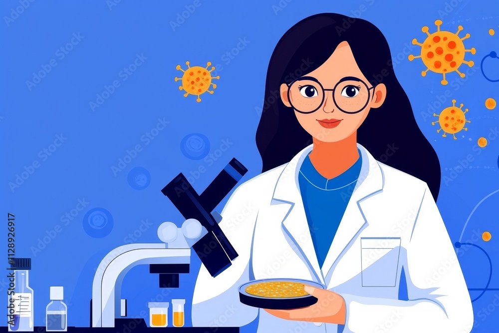 Poster a scientist in a lab holding a petri dish under a microscope, surrounded by vials and data charts an