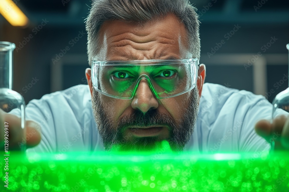 Aufkleber a scientist in a lab working on a glowing green liquid in a test tube, symbolizing bioenergy innovat