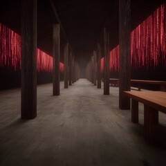 Fototapeta premium Modern interior with dramatic red lighting and wooden tables